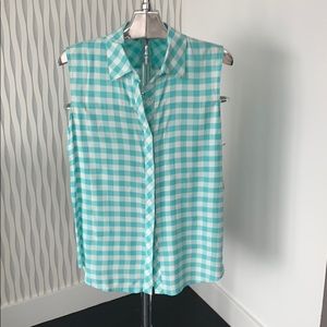 Tahari turquoise and white short sleeved blouse